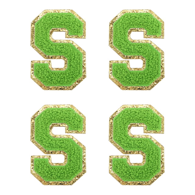 4uds Chenille Letra Parches Termoadhesivos Letra Parches Verde S Alfabeto Decorativo Reparación Bordados Parches para Ropa, Zapatos, Sombreros, Mochilas