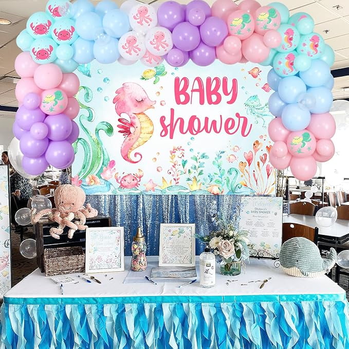 Ocean Themed Baby Shower for Girl - Under The Sea Baby Shower Decorations Balloon Garland Arch Kit, Octopus Seahorse Bubble Fish Foil Balloons with Baby Shower Backdrop for Ocean Baby Shower Party