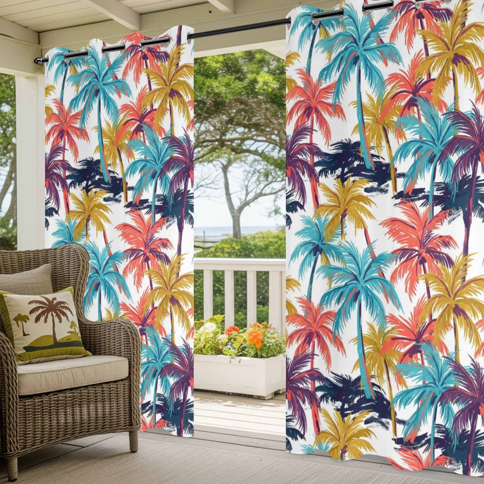 Palm Tree Outdoor Curtains for Patio, Summer Coastal Orange Blue Yellow Tropical Leaf Sunshade Privacy Drapes Grommet Waterproof Outside Curtains for Porch/Cabana/Balcony 54"x 95", 2 Panel