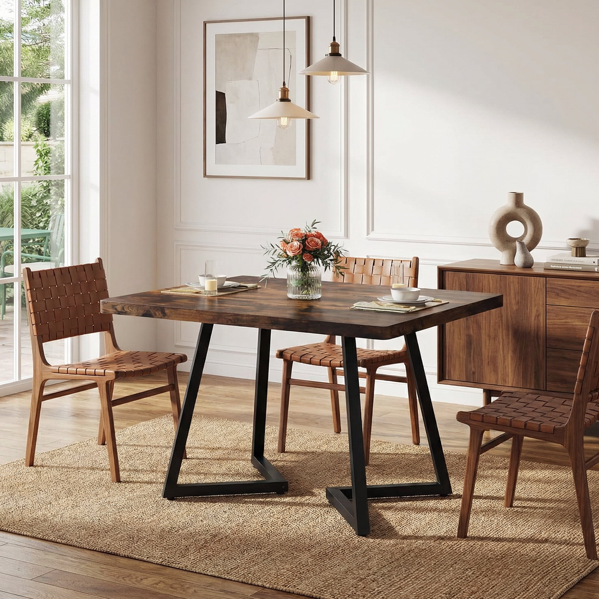 31.5 Inch Square Dining Table, Industrial Style Small Kitchen Table With Sturdy Black Metal Base, Space-Saving Dinner Table For 2-4 People, Brown Finish For Rustic Home Decor