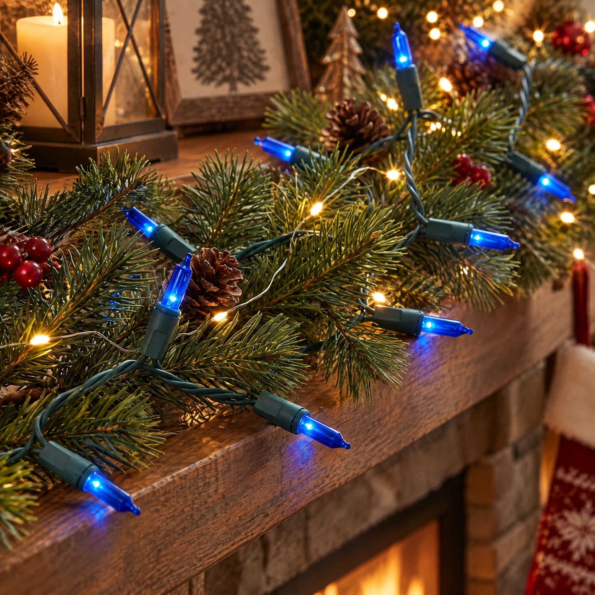 Indoor/Outdoor 100-Count LED Mini Christmas String Lights, Blue, Green Wire, 19.5', by Holiday Time