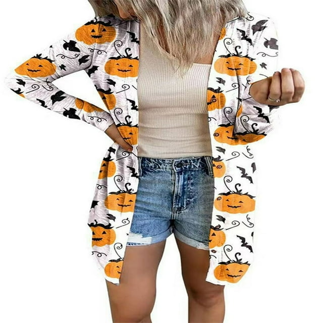 Cardigan Ouvert à Manches Longues pour Halloween pour Femmes Imprimé Bat Boutons Mode Urbaine
