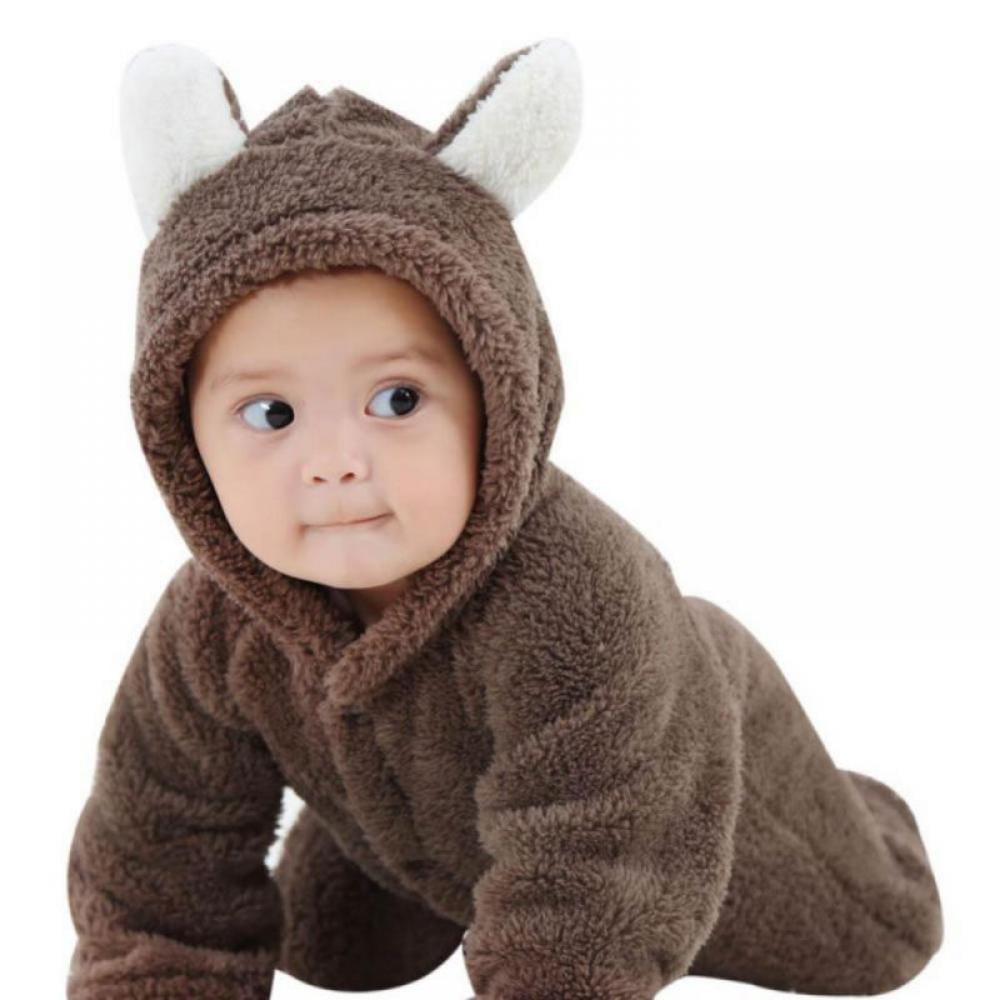 Baby Jumpsuit Outfits Long Sleeve Cartoon Hooded Coat Button Fleece Romper for Newborn Boys Girls 