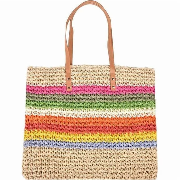 Chic Rainbow Striped Wicker Handbag Lightweight & Versatile Woman's Messenger Bag by Handle