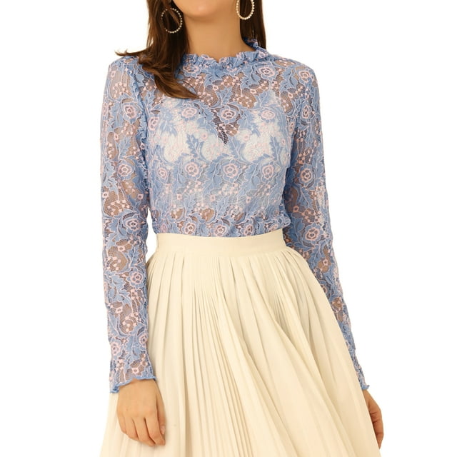 INSPIRE CHIC Women‘s Chroect Lace See Through Floral Color Block Blouse Grey Blues S