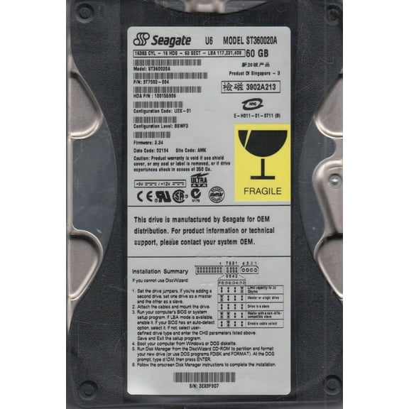 ST360020A, 3EX, AMK, PN 9T7003-004, FW 3.34, Seagate 60GB IDE 3.5 Hard Drive
