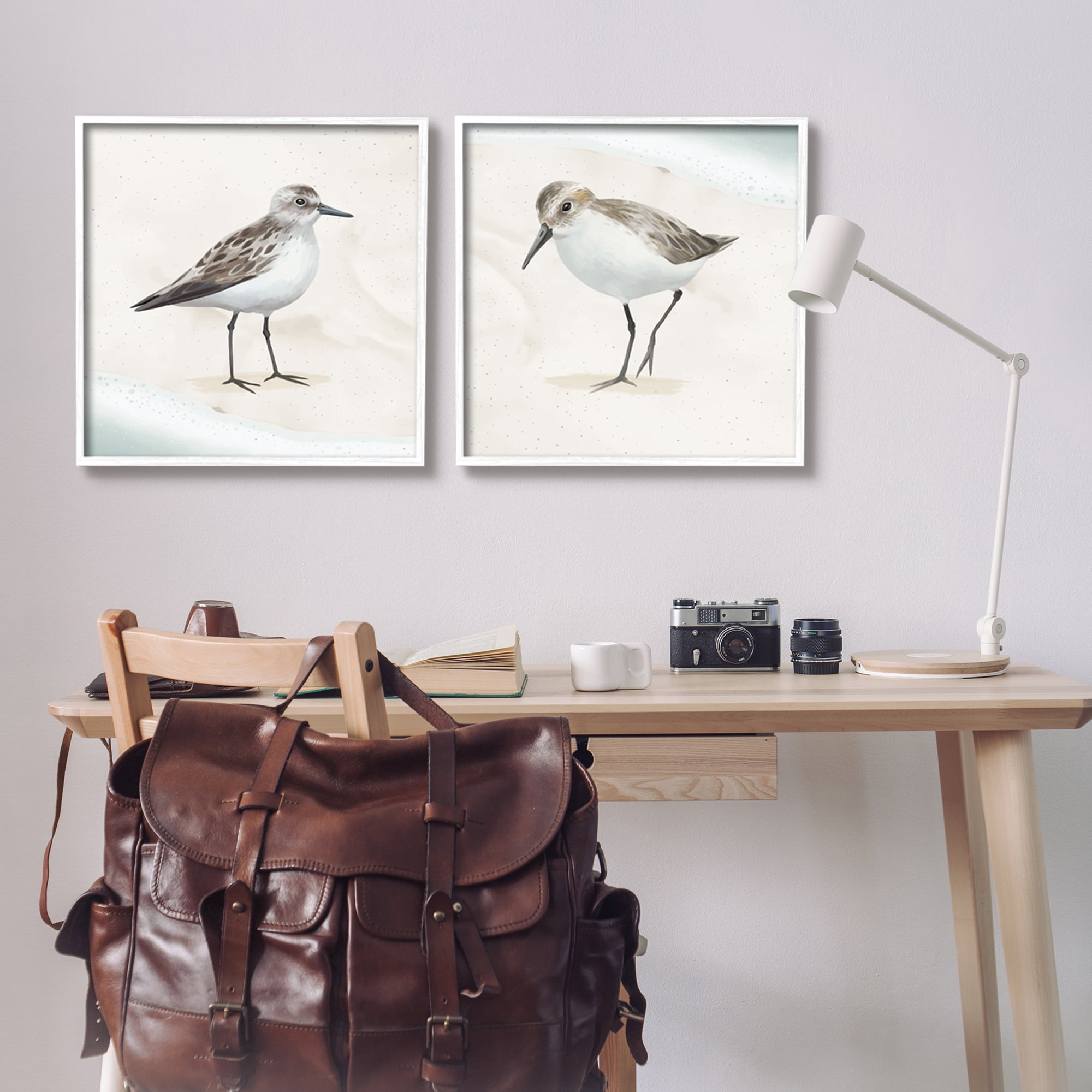 Stupell Industries Soothing Sandpiper Bird Stepping Nautical Beach Sand Graphic Art White Framed Art Print Wall Art, Set of 2, Design by Lucca Sheppard