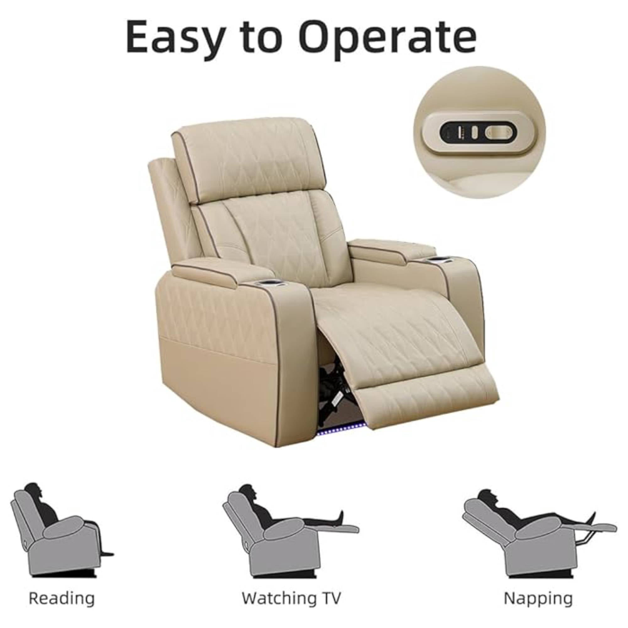Power Recliner Chair with LED Lights & USB Charging Port,Ergonomic Reclining Sofa Couch,Leather Home Theater for Living Room,Khaki