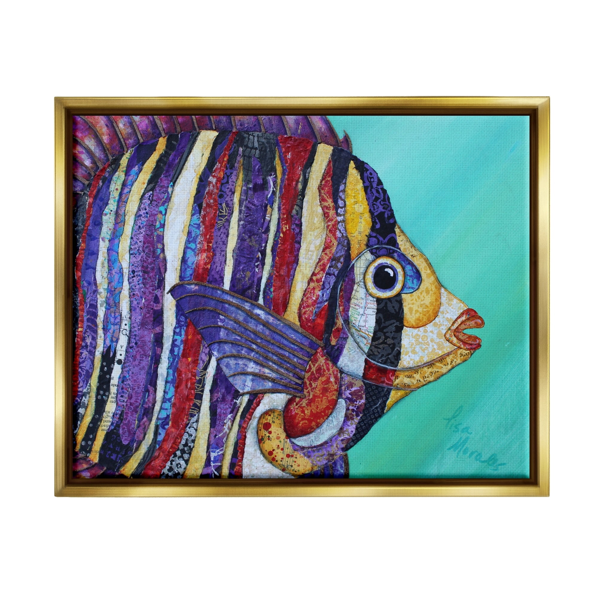 Stupell Industries Broad Fin Varied Layered Stripes Aquatic Fish Design Painting Metallic Gold Floating Framed Canvas Print Wall Art, Design by Lisa Morales