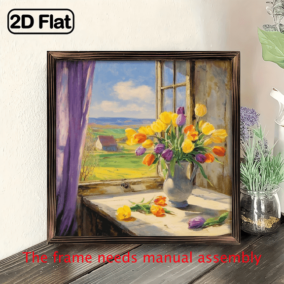 2D Flat 1pc Rustic Farmhouse Spring Art Decorative Sign - Tulips by Window Countryside, Wooden Wall Art with Framed Design, Perfect for Bedroom, Porch, Cafe, Garage - Ideal Holiday Gift for Friend