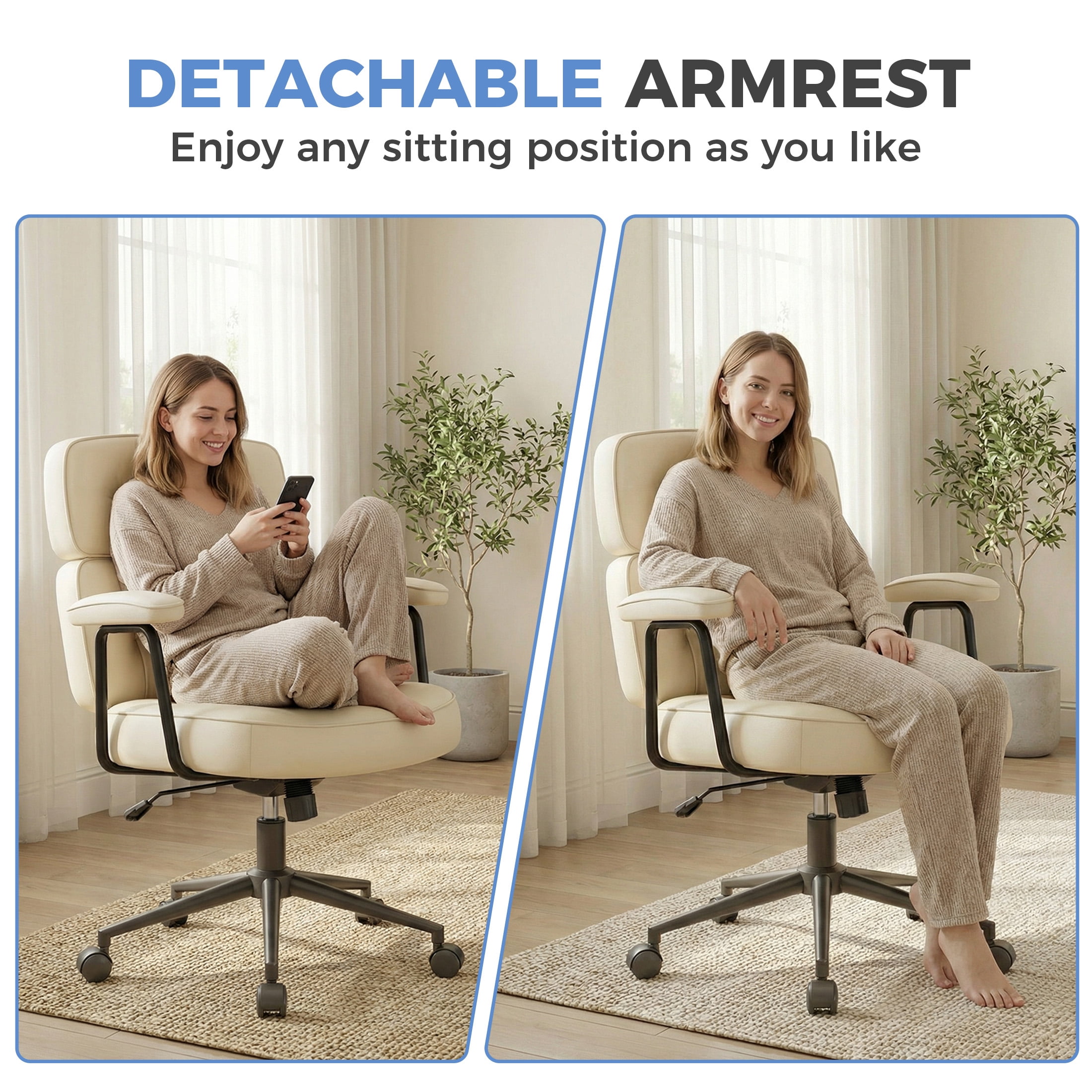 CONCETTA Ergonomic Office Chair, Soft PU Leather Adjustable Task Chair with Lumbar Support and 360° Swivel, Beige