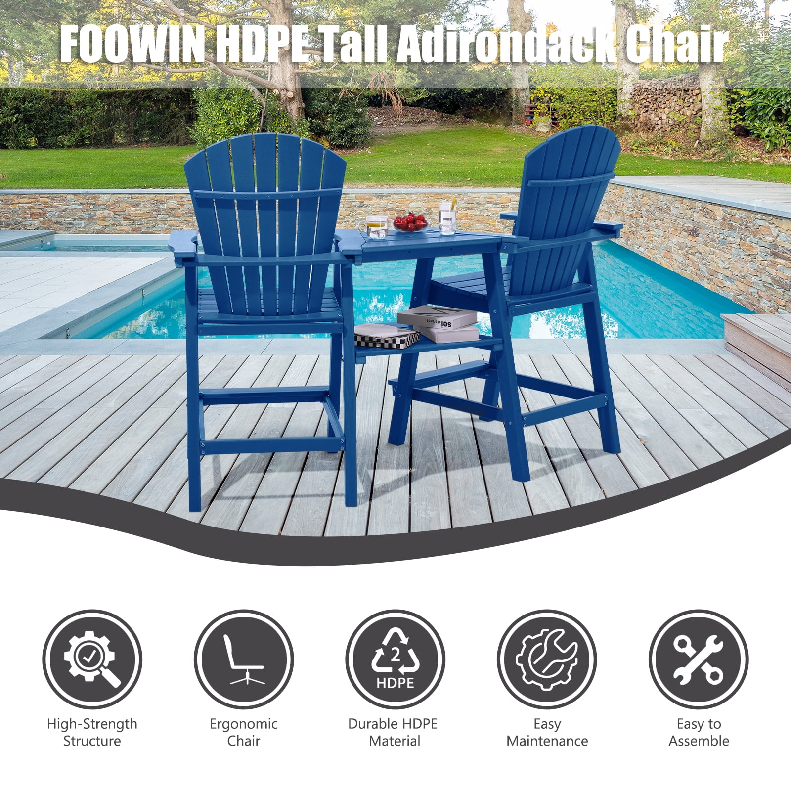 Tall Adirondack Chairs Set of 2，Outdoor Adirondack Barstools with