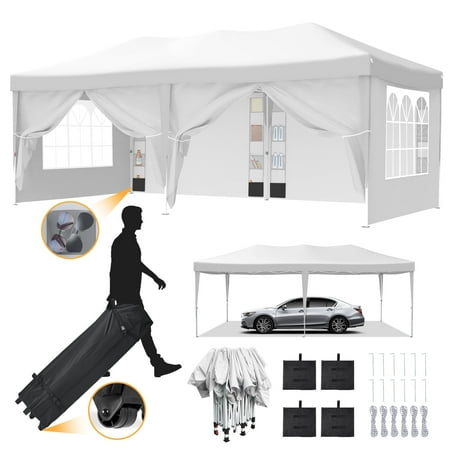 VECUKTY 10 x 20ft Pop up Canopy Tent with 6 Sidewalls, Wheeled Bag, Shelter for Outdoor Shade,White