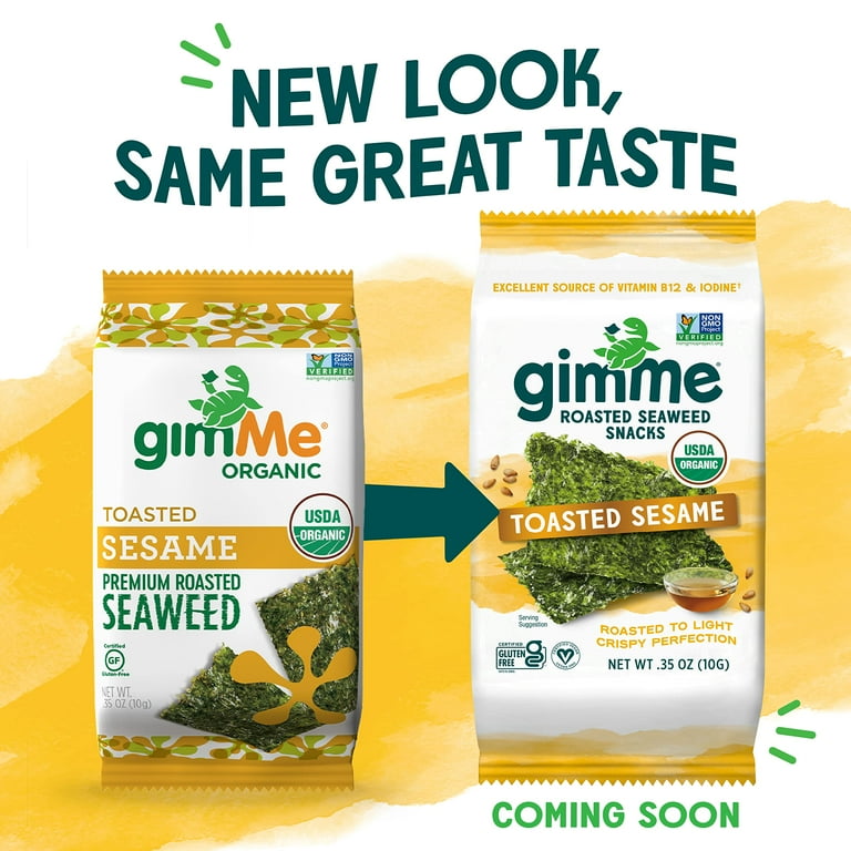 gimMe Organic Roasted Seaweed Sheets Toasted Sesame 12 Count Sharing Packs Keto Vegan Gluten Free Great Source of Iodine and Omega 3s