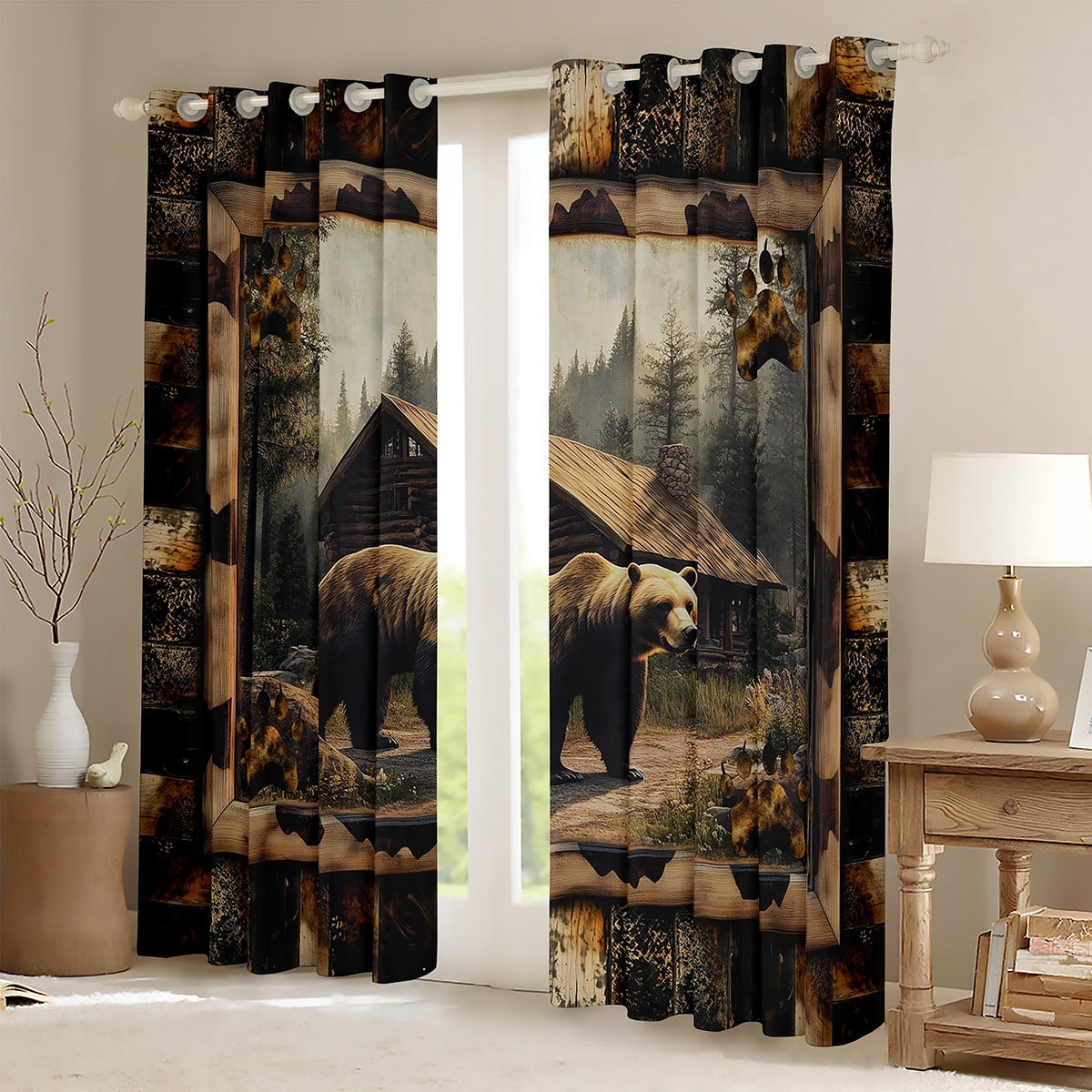 jejeloiu Jungle Wildlife Bear Blackout Curtains Set of 2 (52x84 Each),Old Barn Door Window Curtains,Rustic Farmhouse Cabin Curtains and Drapes For Boys Kids,Ultra Soft Home Decor