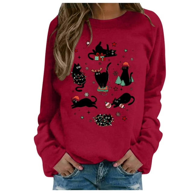 HNMKIU Chandail en Molleton à Col Rond pour Femmes Automne Hiver Imprimé de Noël