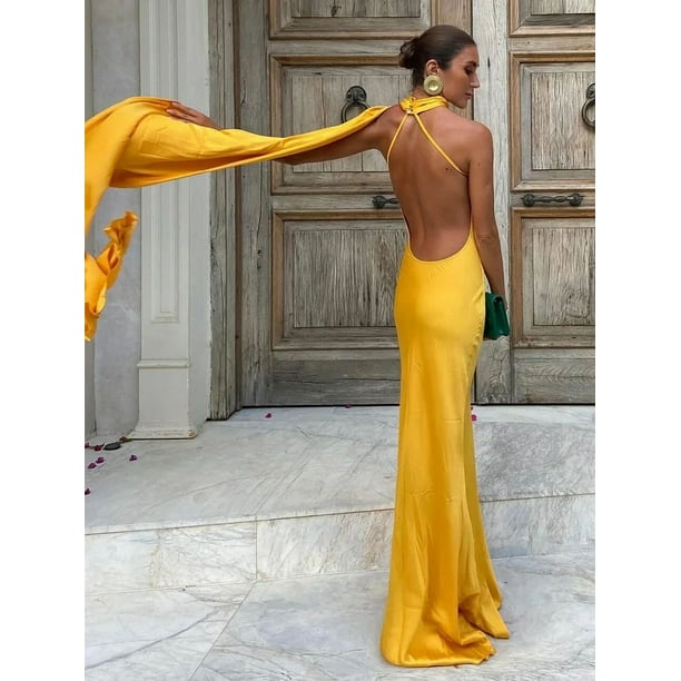 Vestido largo sexi con espalda descubierta y hombros descubiertos vestido liso con cordones y bufanda cuello oblicuo elegante sin mangas vestidos largos ajustados para mujer vestidos de fiesta Walmart...