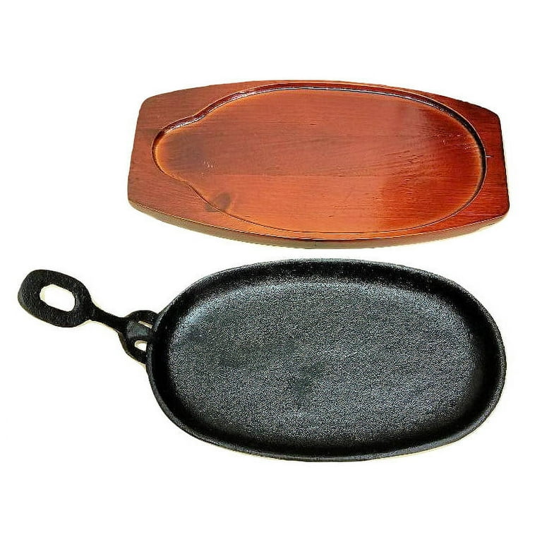 Cast Iron Sizzler Hot Serving Steak Plate Pan Grill Platter Dish and Wooden  Tray