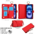 thumbnail image 5 of for iPhone 16 Plus Wallet Case with Card Holder - PU Leather Case Detachable Crossbody Strap & Wristband & Secure Ring, Shockproof Protective RFID Blocking Zipper Purse Phone Cover, Red, 5 of 7