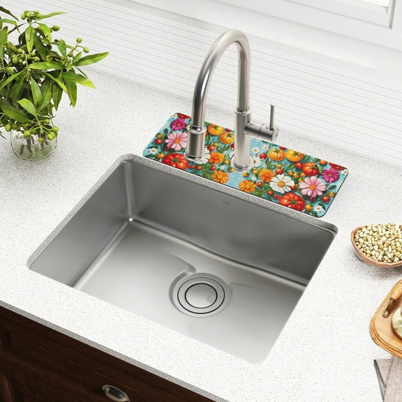 Yayeee Faucet Mat for Kitchen Sink 14.7" Diatomite Long Splash Guard Pad, Pink Floral Tomatoes