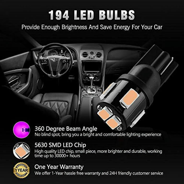 BRISHINE 194 LED Bulbs Extremely Bright Purple 5630 Chipsets 168 2825 175  T19 W5W LED Replacement Bulbs for Car Interior Dome Map Door Courtesy Trunk License  Plate Lights(Pack of 10) 
