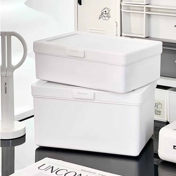 Plastic Flip Top Storage Box Organizer | White Desktop Stationery Holder | Durable Material, 18x12x7cm or 18x12x10cm | Versatile Home Office Countertop Solution