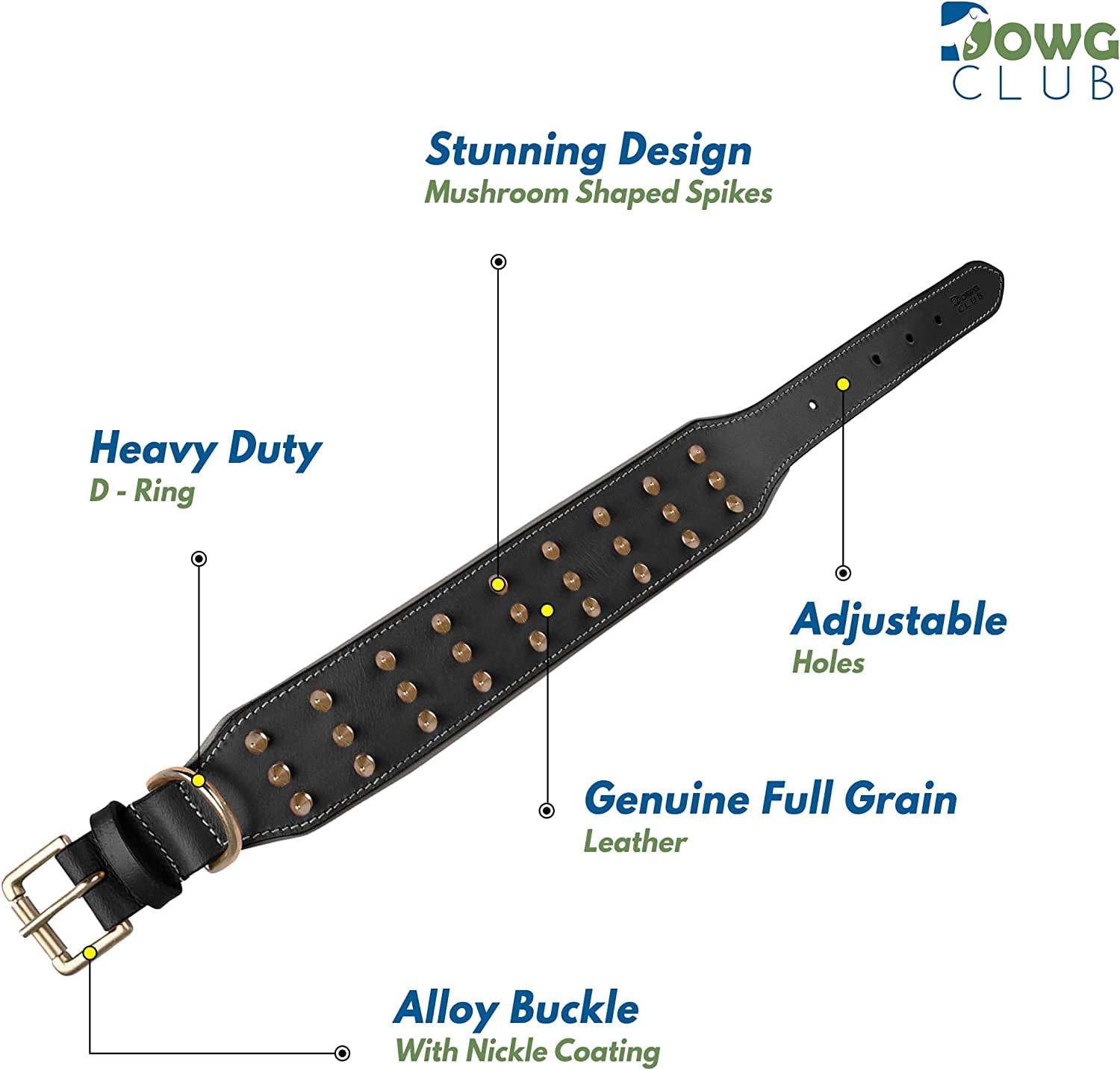 DowgClub | Genuine Leather Heavy Duty Spiked Dog Collar | Full Grain, Cushion Sheep napa padding Inside, Comfortable, Strong | Best for Medium, Large, X-Large Breeds | Cherry, Black, Pink, Tan |