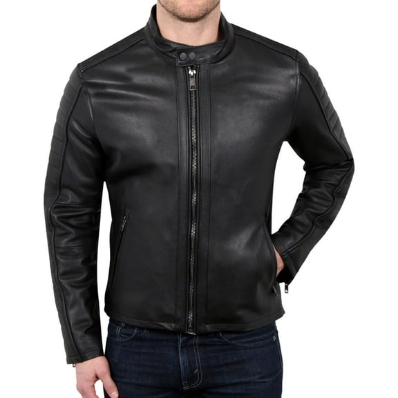 William Rast Mens Leather Motorcycle Jacket, Black, X-Large