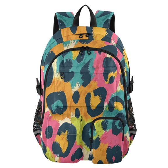 DIXRUYEE Leopard Print Pattern Backpack for School 14”Laptop Compatible with Reflective Safety Strips