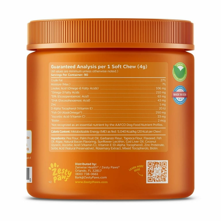 Zesty Paws Skin Health Omega Bites for Dogs Bacon Flavor 90