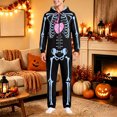 thumbnail image 5 of Halloween Onesie Adult Skeleton Print Long Sleeve Hooded Halloween Pajamas Hooded Casual Loose Fit One Piece Jumpsuits Loungewear Romper Unisex Outfit Fall Winter, 5 of 7