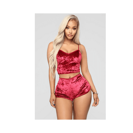 

Womens Sexy Velvet 2 Piece Pajama Set Spaghetti Strap Crop Top Camisole and High Waist Shorts Sleepwear