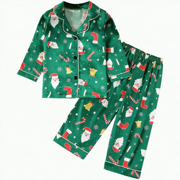 CAUYDY Baby Girls Boys Silk Christmas Pajamas Set Santa Claus Long Sleeve Button Down Shirts and Pants Xmas Satin Pj Sets(Green,7-8 Y)