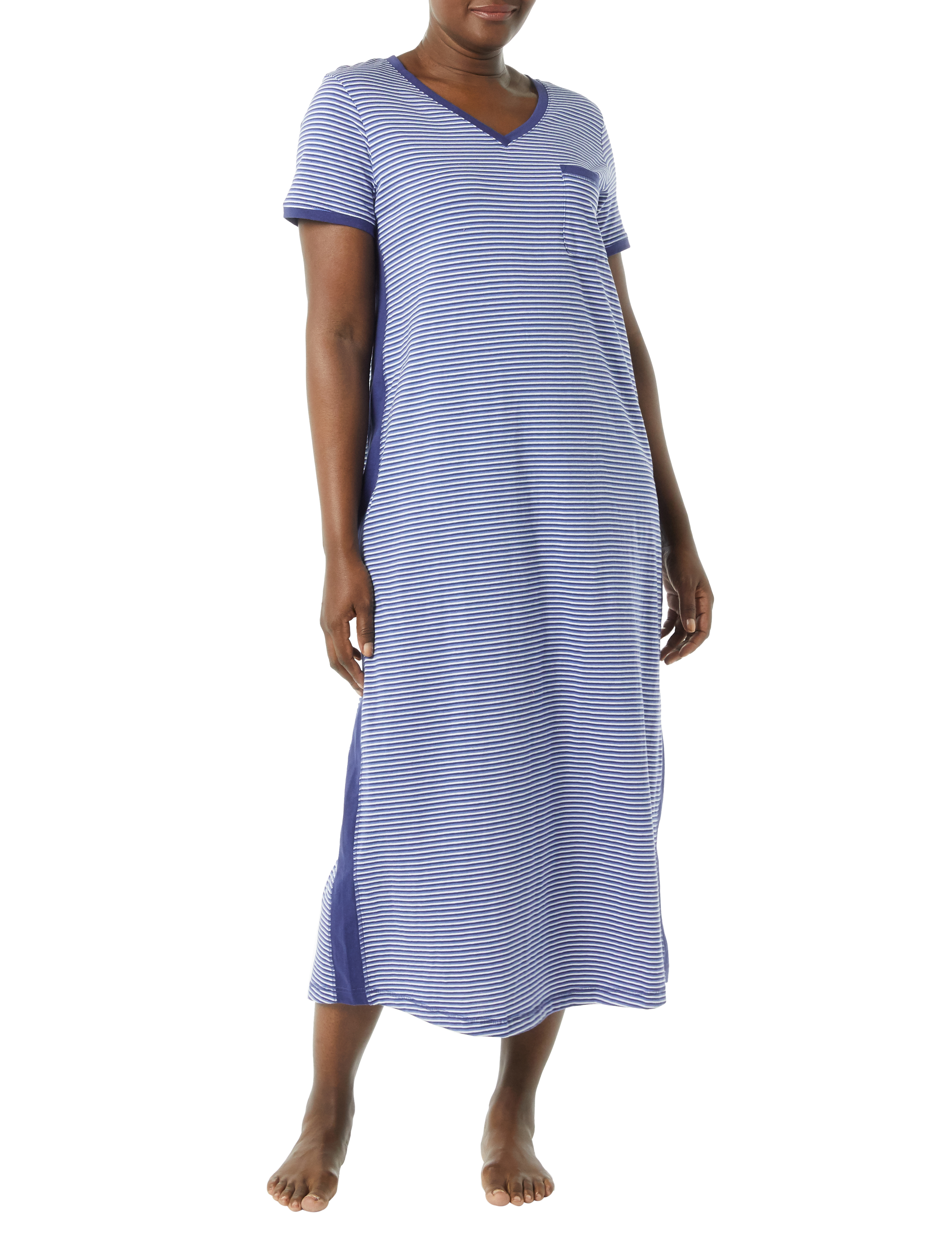 AmeriMark Womens Striped Knit Lounger V Neck Long T Shirt Nightgown