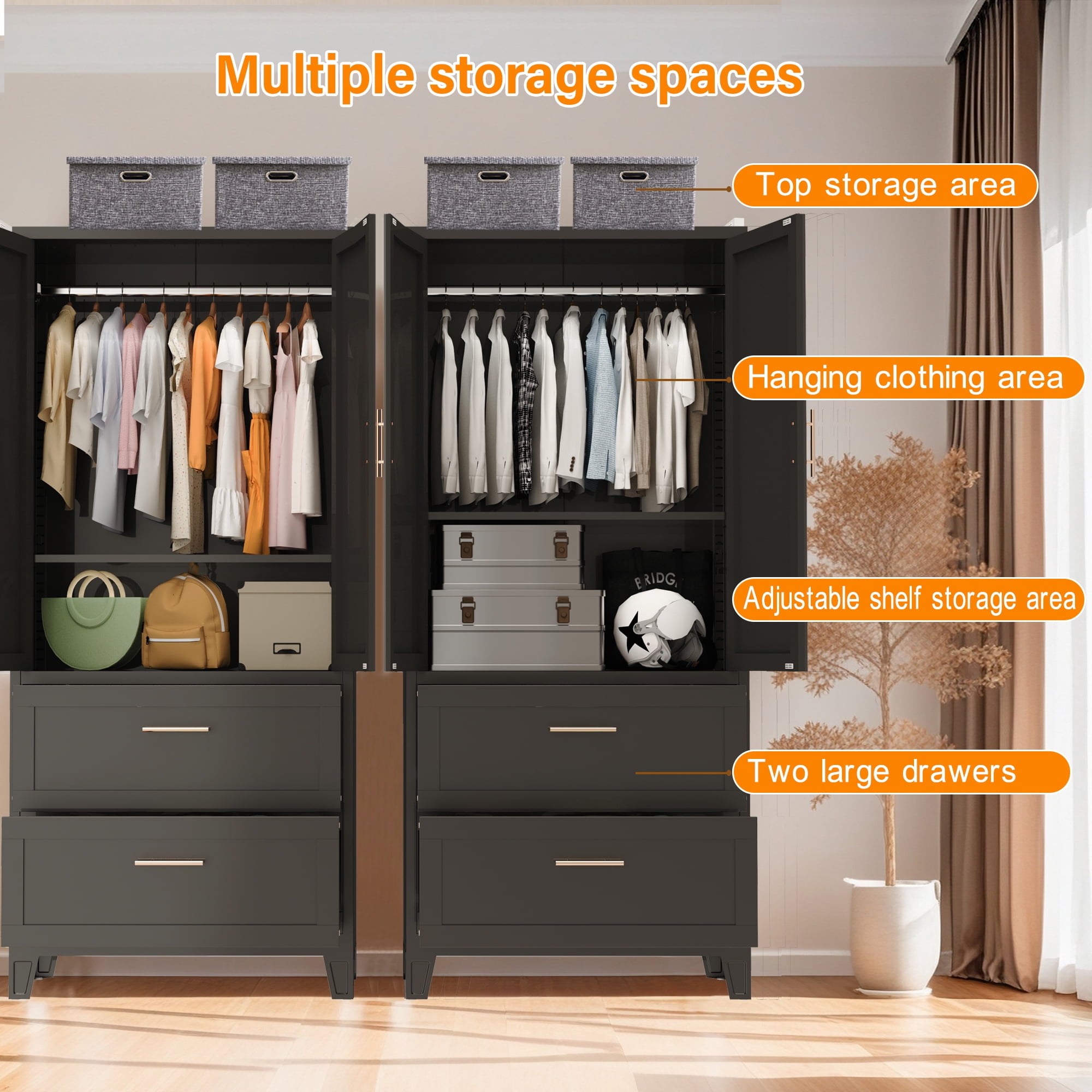 Miniyam 71" Tall Metal Wardrobe Cabinet with 2 Drawers & Hanging Rod, 2-Door Storage Closet for Bedroom Office Laundry Room (Black)