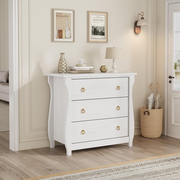 3-Drawer Dresser - Tall Boho Dresser with Curved Legs, Rattan Accents, and Freestanding Storage for Living Room, Bedroom, Entryway, or Balcony (30" L x 15.8" W x 29.3" H) White/Wood