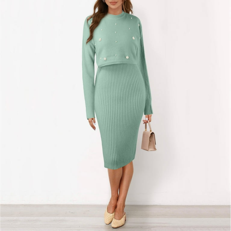 cropped sweater over midi dress Jane Wardrobe Rhinestone Embellished Knit 2 Piece Set for Women, Round Neck Crop  Sweater with One Shoulder Midi Dress, Fall Winter Outfit, 2 Piece, One Size