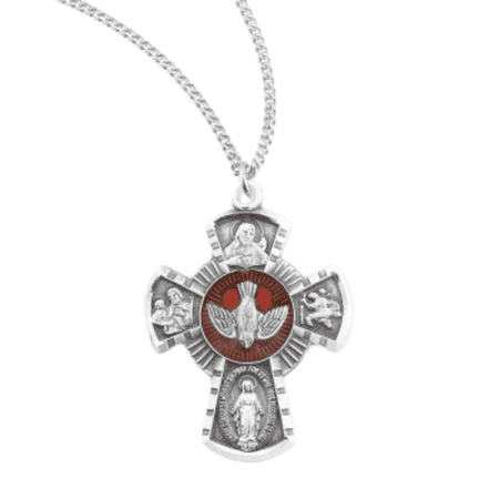 Sterling Silver Small 4-Way Medal with Red Holy Spirit, 18" Rhodium Plated Stainless Steel Chain, Deluxe Velvet Gift Bo