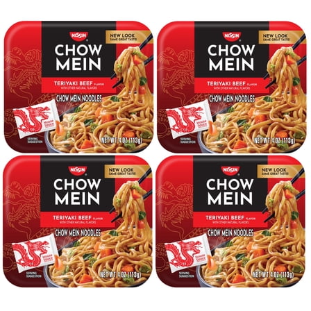 Nissin Foods Chow Mein Instant Noodles, Teriyaki Beef Flavor, 4.0 oz Tray - 4 pack
