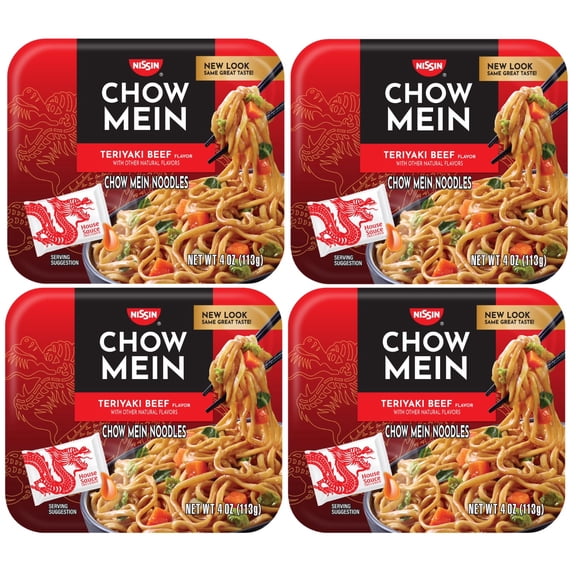 Nissin Foods Chow Mein Instant Noodles, Teriyaki Beef Flavor, 4.0 oz Tray - 4 pack