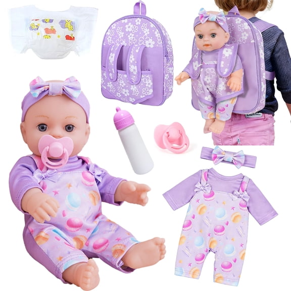 LINXUXIE Baby Doll Set with Diaper & Pacifier, Pretend Play Toy with Flower Pattern Backpack Carrier, Birthday Gifts for Kids 3-5 5-8 8-12 Year Old