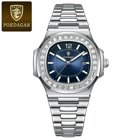 POEDAGAR Men's Blue Quartz Diamond Fashion Stainless Steel Watch Luminous Date Wristwatch