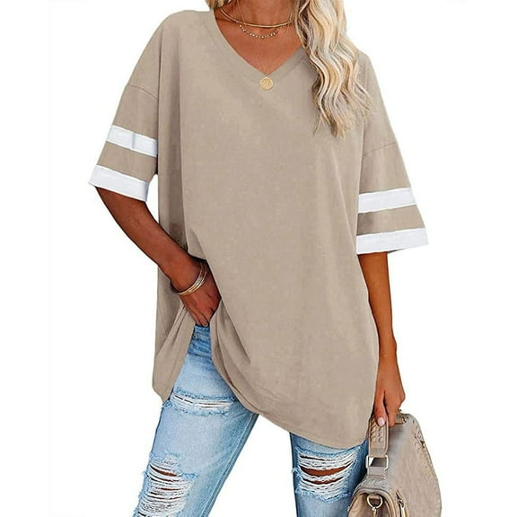 Wycnly Womens Blouses and Tops Dressy Breathable Comfy Casual Loose Fit Oversized Tshirts Summer Color Patchwork V-Neck Short Sleeve Cute Tees Tops Beige XL