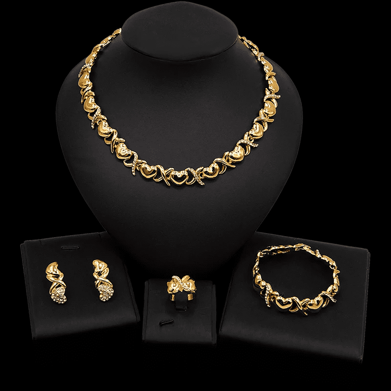 Women Crystal Zircon Gold Plated Necklace Earring Bracelet Ring Jewelry Sets