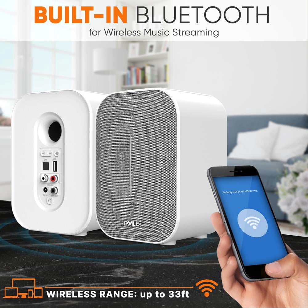 Pyle 50-Watt MAX HiFi Studio Active and Passive Desktop Bluetooth Bookshelf Speaker System, (White)