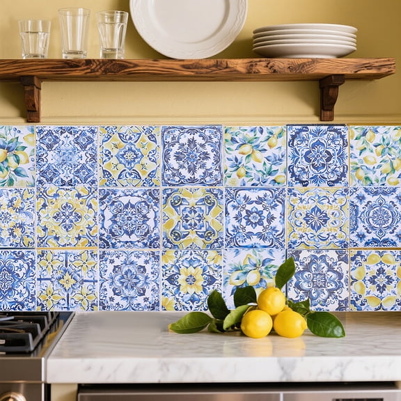 48 Pcs 24 Styles Tile Stickers 6x6 Inch Lemon Flower Geometric Pattern Wall Tile Stickers Removable Tiles Backsplash Waterproof Self Adhesive Stick