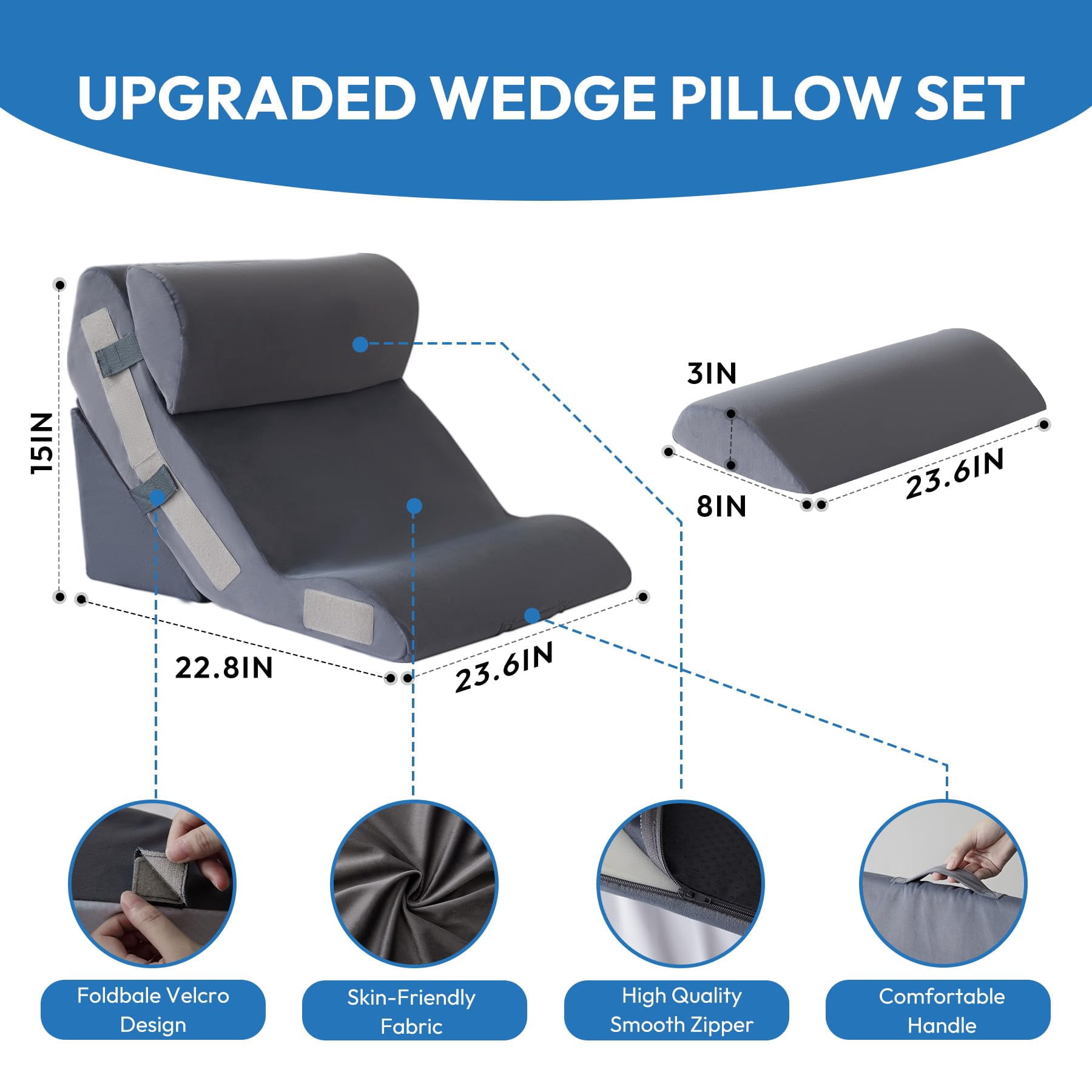 4pcs Wedge Pillow Set For After  Bed Sitting Up 10-in-1 Foam Acid Reflux & Plush Grey