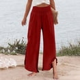 thumbnail image 6 of Women Linen Pants Summer Ruffle Wide Leg Palazzo Pants Dressy Smocked Waist Wide Leg Pant Boho Flowy Beach Pant Wine M, 6 of 7