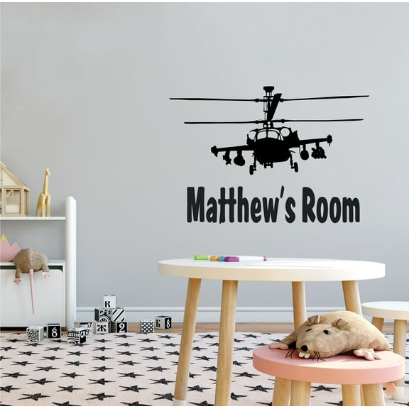 Removable Home Living Room Longbow Apache Blackhawk Helicopter Decoration Silhouette Design Vinyl Adhesive Wall Decal - Kids Bedroom Themed Customized Name Wall Sticker 10" x 7"