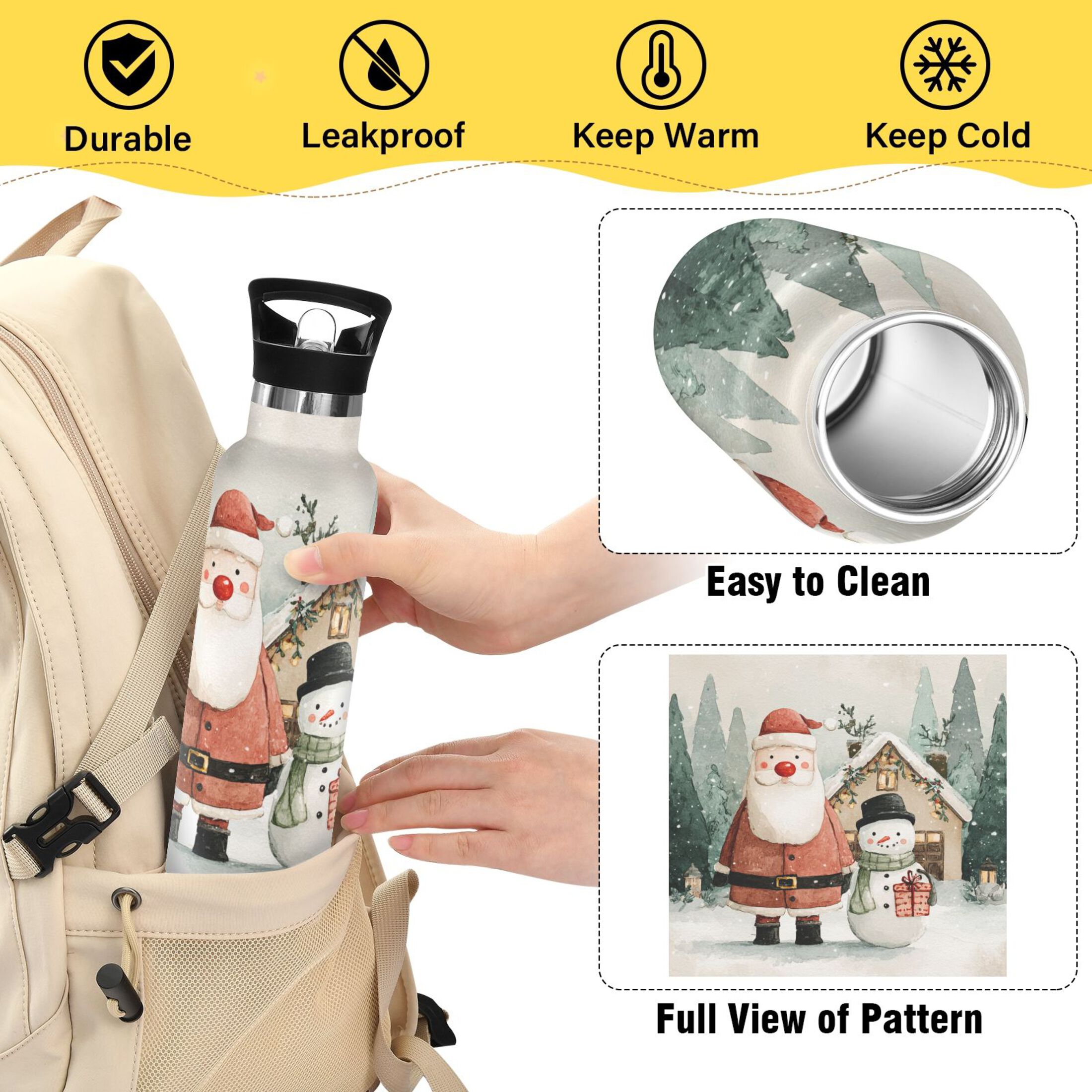 600ML Stainless Steel Insulated Cup Sports Water Bottle Portable Thermos Cup Water Glasses Insulated Tumblers Convenient and Durable Beautiful Red Santa Claus